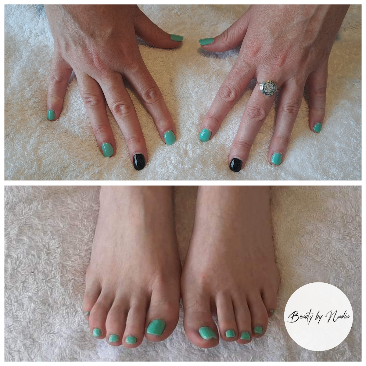 Matching teal manicure and pedicure